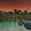 Cartoon Scenery of Medieval Village with Traditional Houses Horse-Drawn Carts People and Sunset