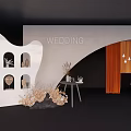 Wedding Event Decor With Arch Structure Orange Curtains Small Table And Decorative Plants 3d model