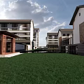 Traditional Modern Hotel Building With Courtyard Pond Green Lawn And Reflective Water