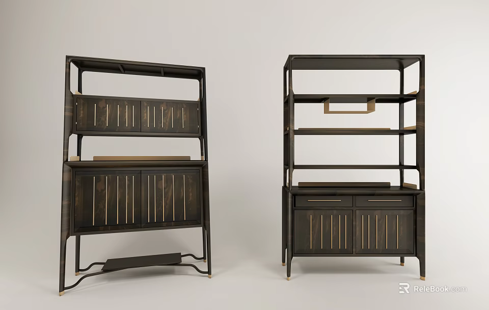 Modern Minimalist Dark Wooden Bookcase Design With Multiple Shelves And Drawers 3d model 