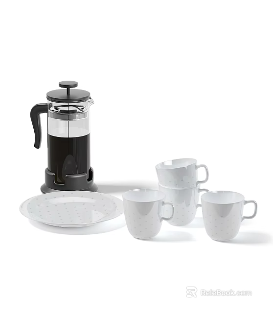 Modern Tea Set With Black Teapot White Cups And Decorative Plate 3d model 