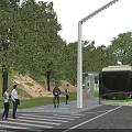 Scenic Park Landscape With Curved Road Green Lawns Trees Pedestrian Path And Bus Stop