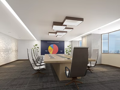 Modern Conference Room Interior With Long Table Leather Chairs Pie Chart And Large Windows 3d model