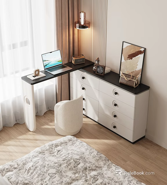 Modern Dressing Table With Black Countertop White Drawers Round Handles Laptop And Wall Art 3d model 