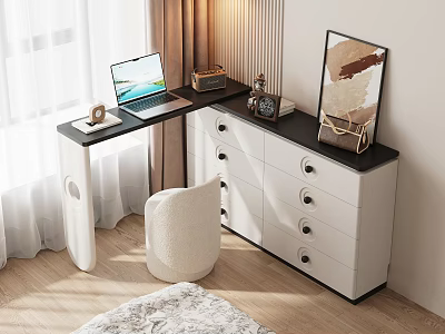 Modern Dressing Table With Black Countertop White Drawers Round Handles Laptop And Wall Art 3d model