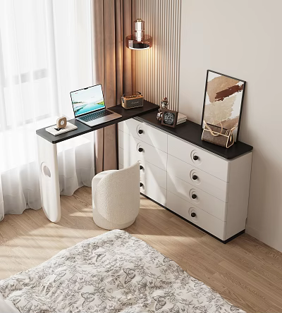 Modern Dressing Table With Black Countertop White Drawers Round Handles Laptop And Wall Art 3d model