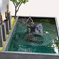 Garden Ornament With Water Basin Rippling Surface Gray Pillars Dry Branches And Green Mossy Ground