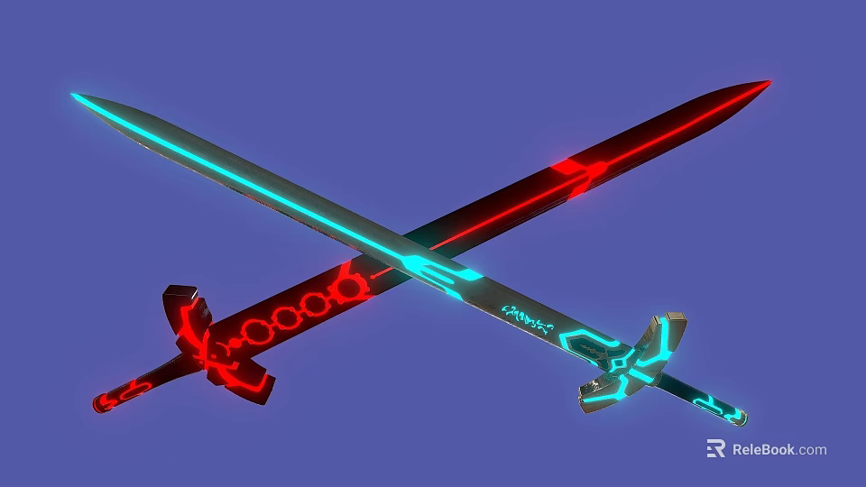 Futuristic Glowing Blue And Red Crossed Swords With Geometric Hilt Design 3d model 