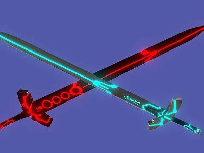 Futuristic Glowing Blue And Red Crossed Swords With Geometric Hilt Design 3d model