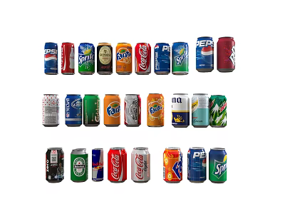 Assorted Beverage Cans From Various Brands With Colorful Designs And Labels 3d model