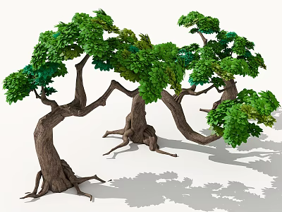 Cartoon Scene Featuring Curved Trunk Trees With Lush Green Leaves And Exposed Roots 3d model