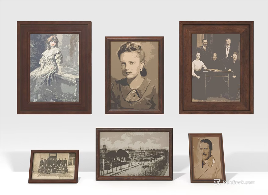 Vintage Wooden Photo Frames With Old Photographs In Multiple Sizes And Styles 3d model 