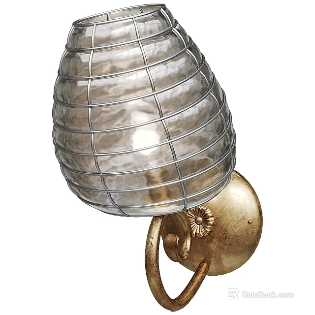 Elegant Wall Lamp With Transparent Shade Metal Wire Frame And Gold Decorative Base 3d model 