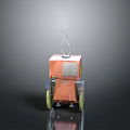 Copper Colored Square Robot With Curved Metal Antenna Green Wheels And Control Panel