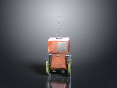 Copper Colored Square Robot With Curved Metal Antenna Green Wheels And Control Panel 3d model