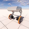 Small Silver Robot With Orange Wheels And Mechanical Structure On White Tiled Floor 3d model