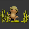Cute Small Yellow Creature Wearing Mushroom Hat By Water Stones And Reeds