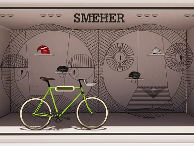 SMEHER Bicycle Store Featuring Green Bike And Wall Displayed Hats Accessories 3d model