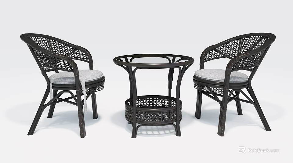 Outdoor Wicker Table and Chair Set With Two Chairs Round Table and Gray Cushions 3d model 
