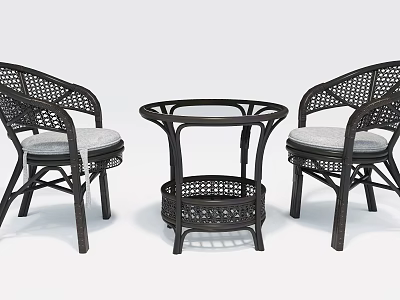 Outdoor Wicker Table and Chair Set With Two Chairs Round Table and Gray Cushions 3d model