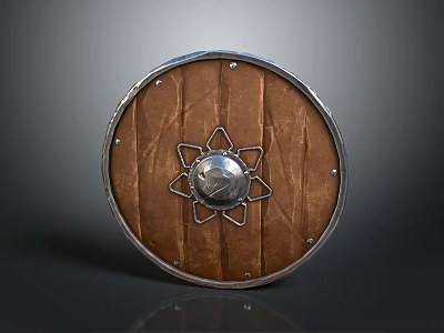 Medieval Round Shield Weapon Featuring Wooden Surface And Metal Star Decoration 3d model
