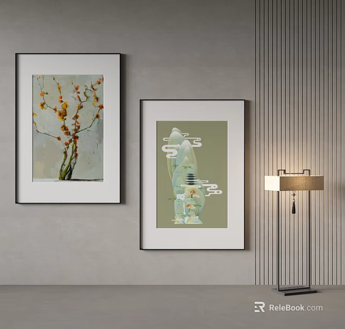 Interior Wall Decor With Two Framed Artworks And Modern Floor Lamp 3d model