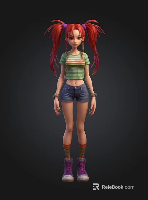 3D Character With Red Pigtails Green Striped T shirt Denim Shorts Wristbands And Colorful Socks 3d model 