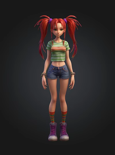 3D Character With Red Pigtails Green Striped T shirt Denim Shorts Wristbands And Colorful Socks 3d model
