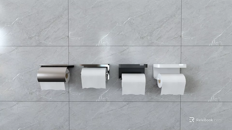 Bathroom Accessories Different Styles Toilet Paper Holders Mounted on Gray Tiled Wall 3d model 