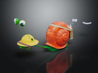 Cartoon Snail With Orange Shell Yellow Hat Green Eyes And White Papers 3d model