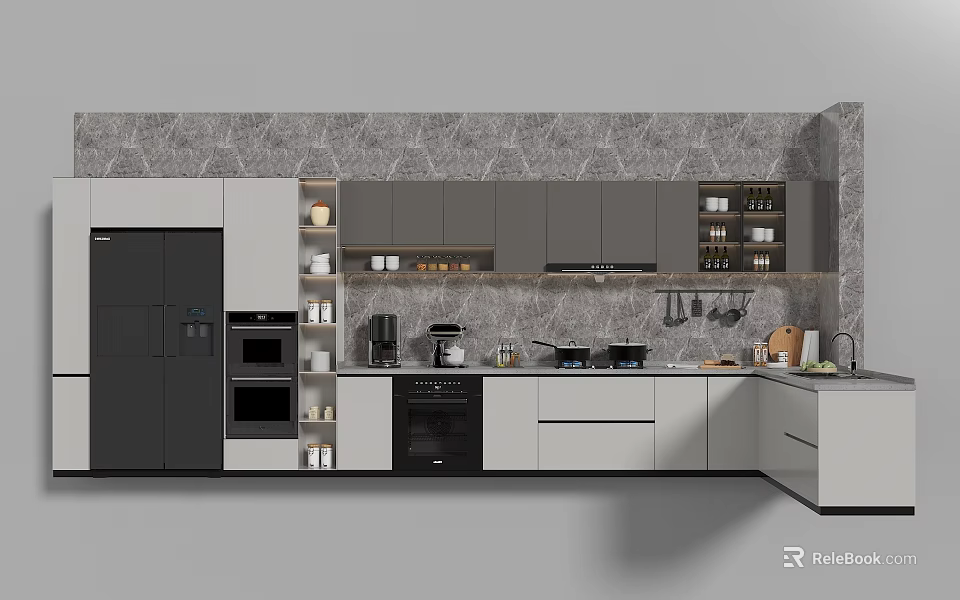 Modern Kitchen With Gray White Cabinets Black Appliances Marble Wall And Kitchenware On Countertop 3d model 