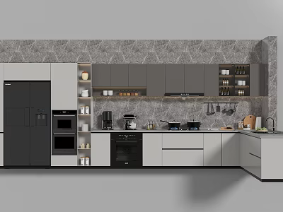 Modern Kitchen With Gray White Cabinets Black Appliances Marble Wall And Kitchenware On Countertop 3d model