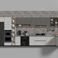 Modern Kitchen With Gray White Cabinets Black Appliances Marble Wall And Kitchenware On Countertop