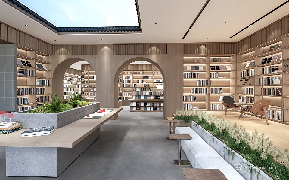 Book Art Themed Library Interior With Arched Wooden Bookshelves Skylight And Greenery 3d model 