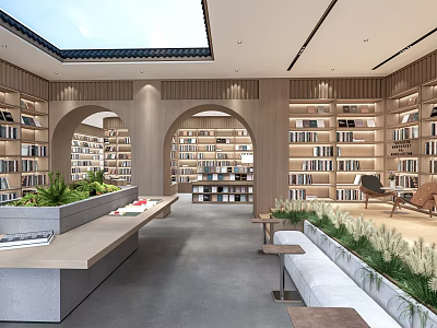 Book Art Themed Library Interior With Arched Wooden Bookshelves Skylight And Greenery 3d model