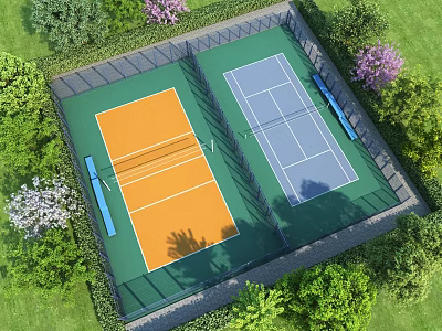 Two Tennis Courts With Orange And Blue Surfaces Surrounded By Green Grass And Trees 3d model