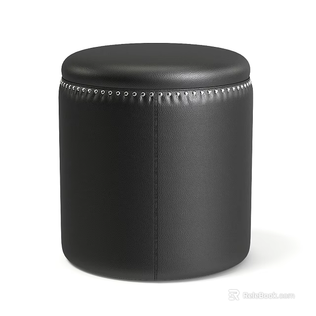 Black Leather Bar Stool With Round Top And Rivet Detail Modern Design 3d model 