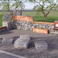 Scenic Gabion Wall Design With Trees Bench Gravel Ground And Themed Signboard