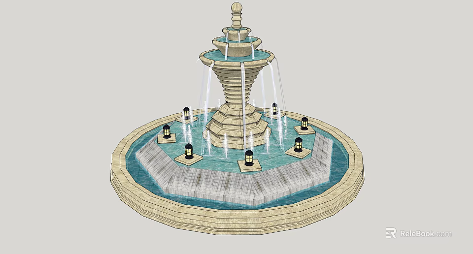 Tiered Stone Fountain With Circular Basin Water Streams And Decorative Lights 3d model 