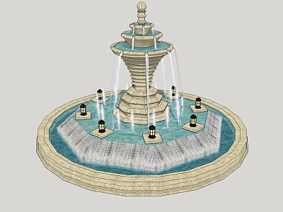 Tiered Stone Fountain With Circular Basin Water Streams And Decorative Lights 3d model