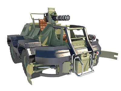 Armored Military Utility Vehicle With Mounted Machine Gun Open Cockpit And Large Wheels 3d model