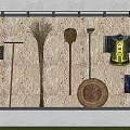 Building Exterior Wall Displaying Traditional Tools Kimono And Woven Items On Grass