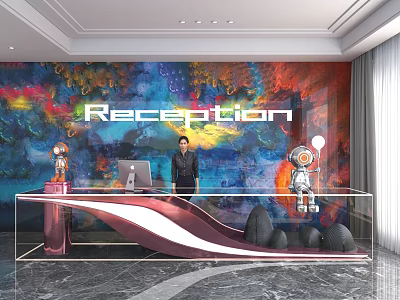Modern Shop Reception Interior With Wavy Counter Colorful Wall Marble Floor And Astronaut Decorations 3d model