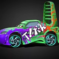 Animated Purple and Green Car with Klik Graphics and Ladder Structure on Roof