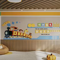 Children's Cultural Wall With Cartoon Train Reading And Future Elements