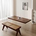 Modern Wooden Dining Table Set with Transparent Acrylic Legs and Rattan Bench in Bright Interior