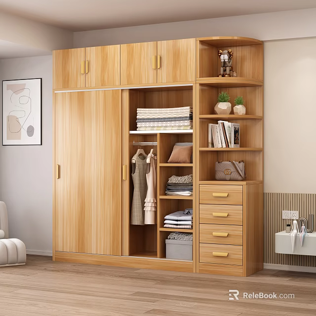 Wooden Wardrobe With Sliding Doors Open Shelves Storage Drawers Clothing Towels Books And Decorative Items 3d model 