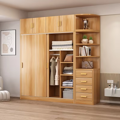 Wooden Wardrobe With Sliding Doors Open Shelves Storage Drawers Clothing Towels Books And Decorative Items 3d model