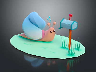 3D Illustration Of Cute Pink Snail With Blue Shell Near Blue Mailbox On Green Grass 3d model