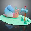 3D Illustration Of Cute Pink Snail With Blue Shell Near Blue Mailbox On Green Grass